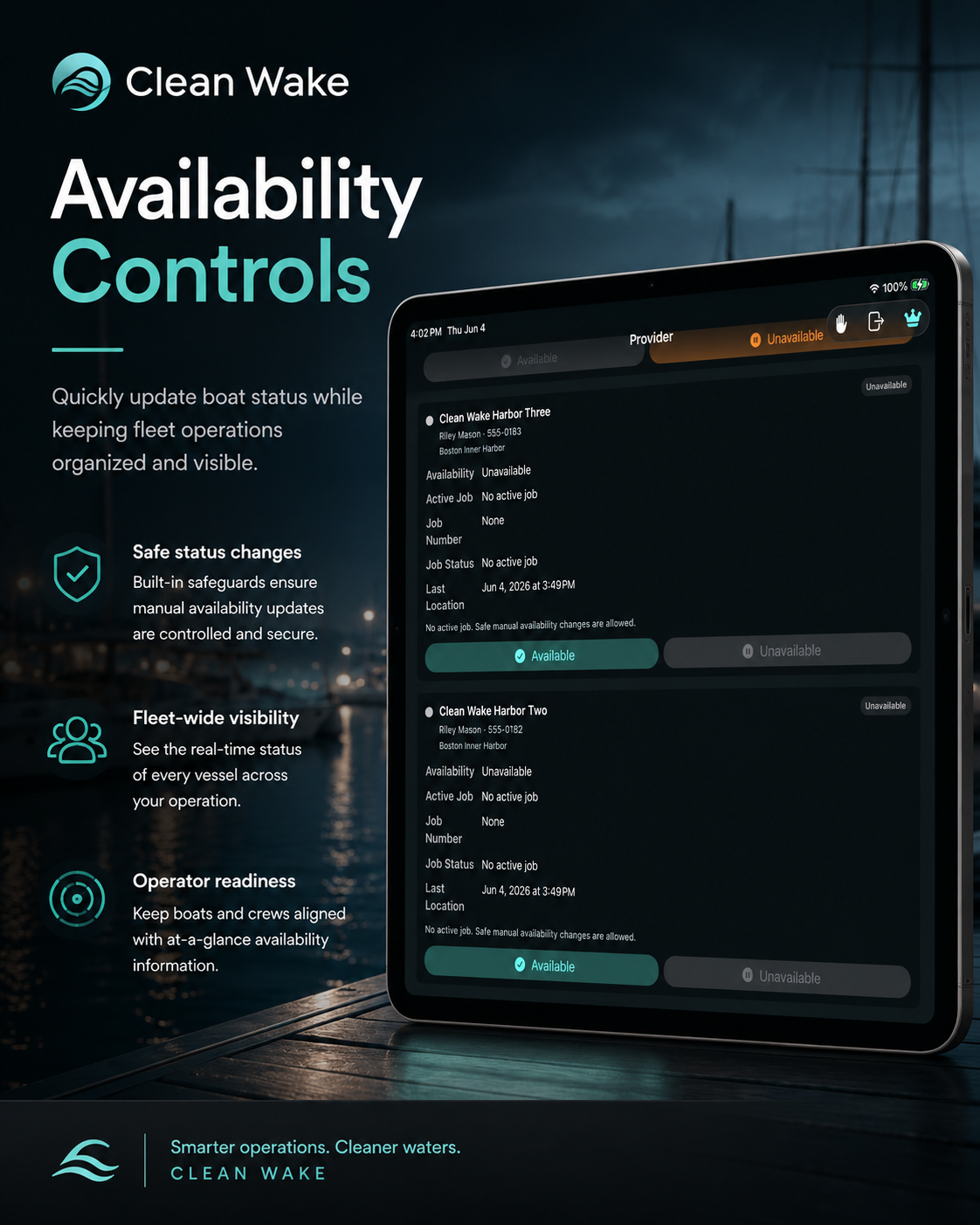 Clean Wake fleet availability controls on iPad.