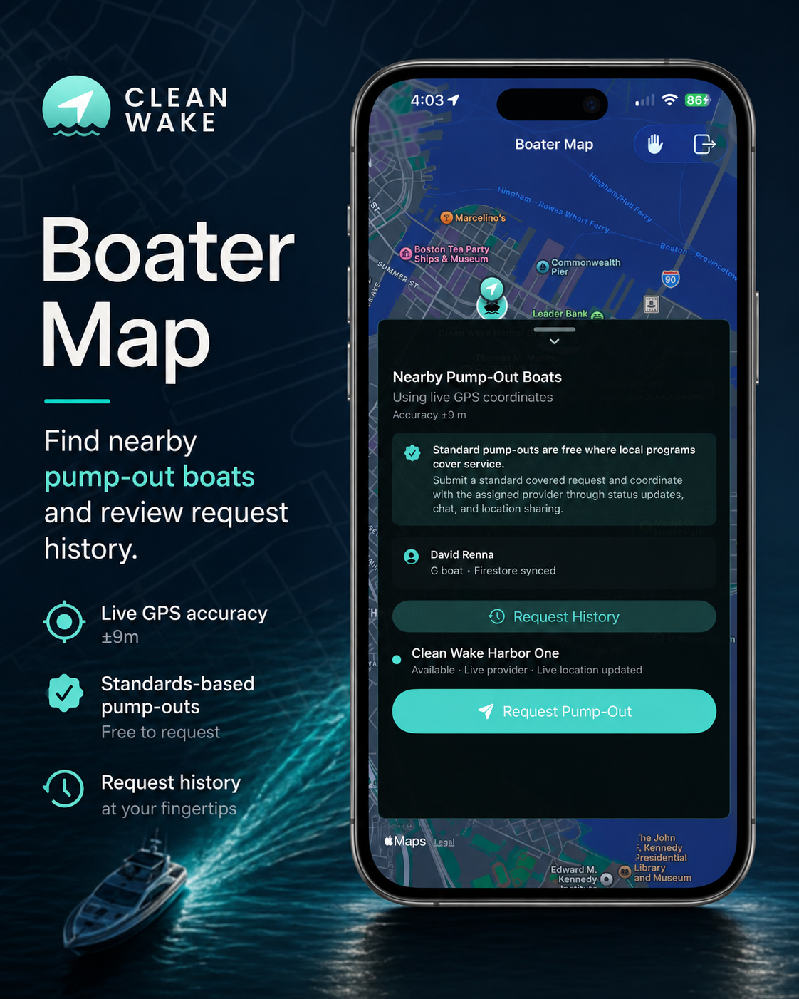 Clean Wake boater map with nearby eligible pump-out boat and request history.
