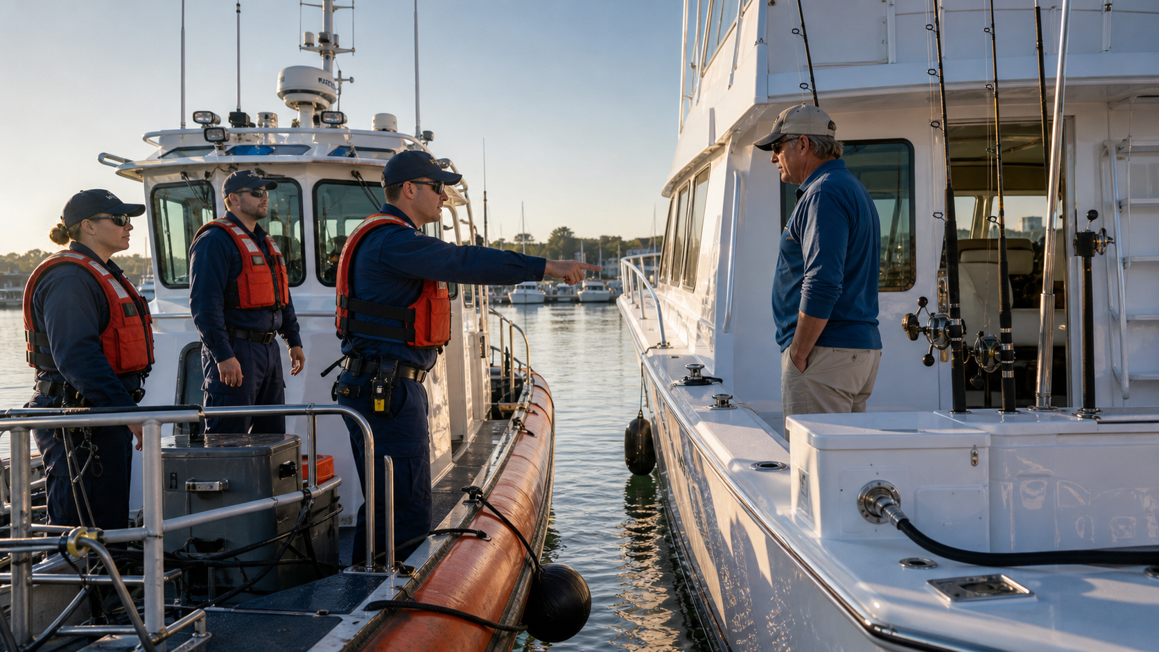 Illustration of a Coast Guard-style small boat alongside a sport fishing vessel during a sanitation and safety boarding.