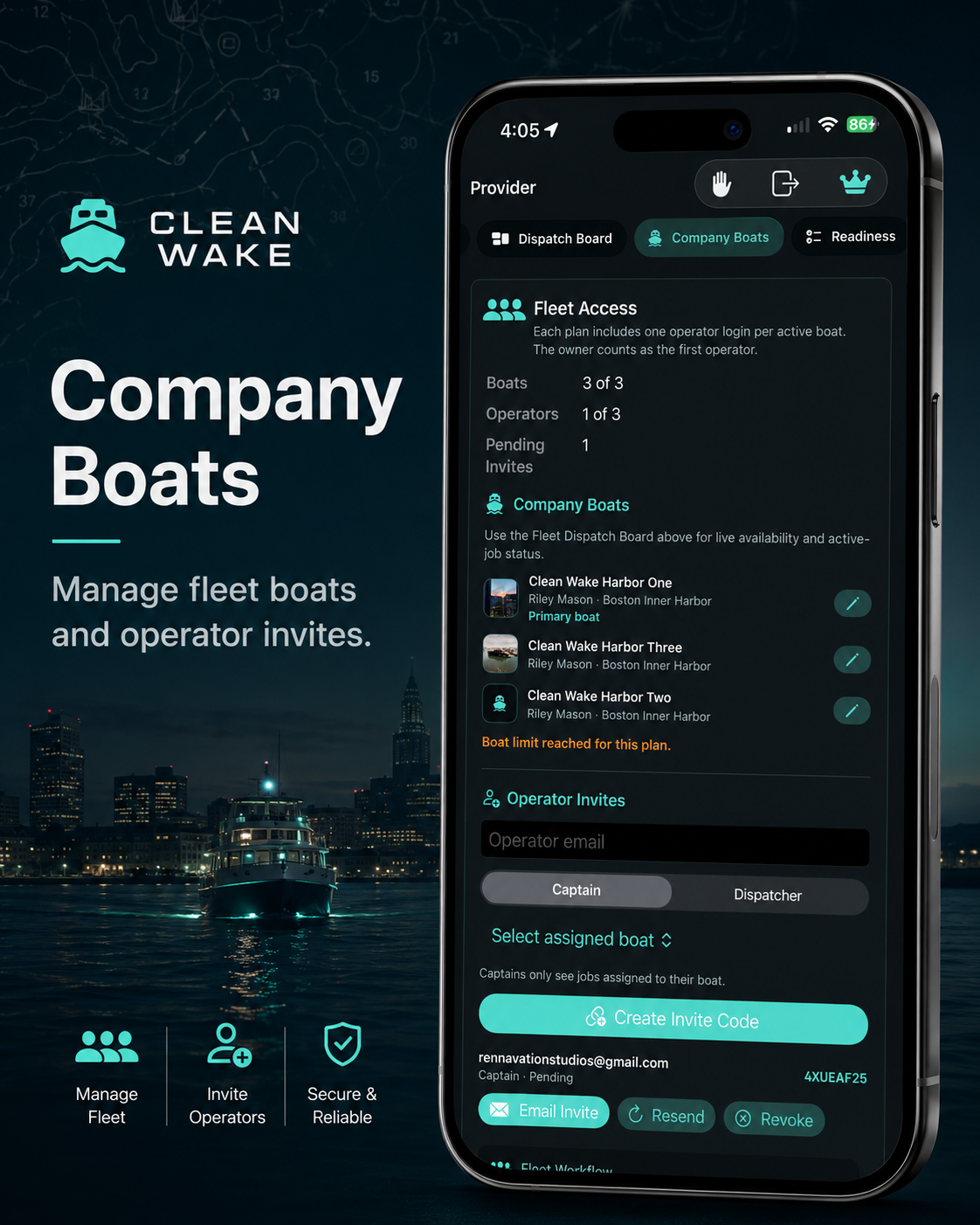 Clean Wake company boats screen with fleet capacity and operator invites.