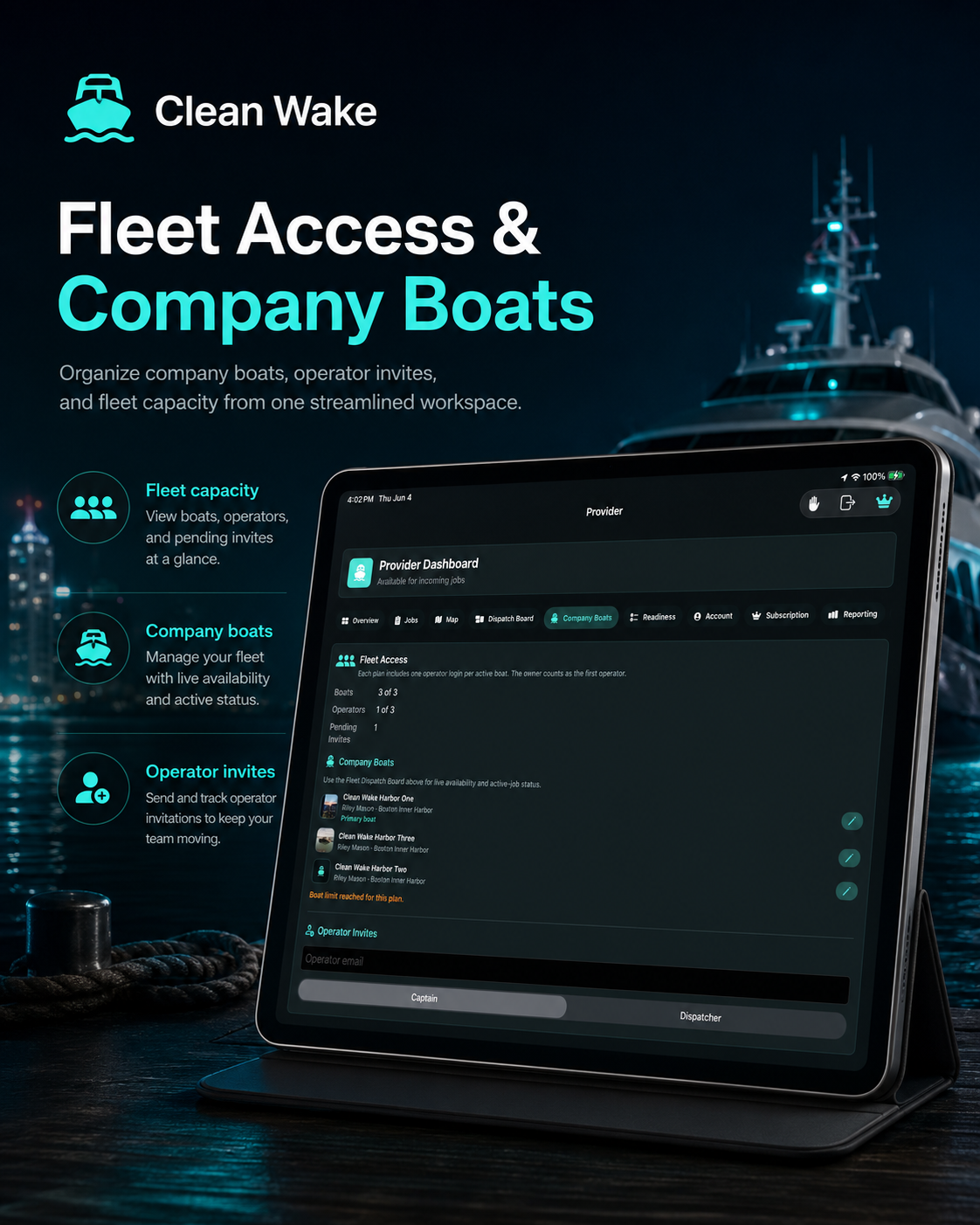 Clean Wake fleet access and company boats screen on iPad.