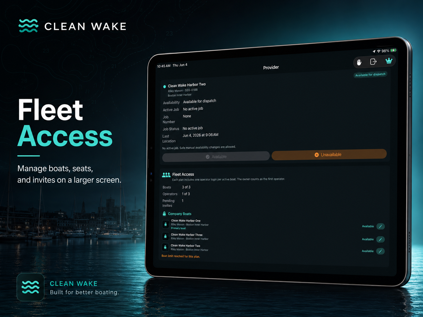 Clean Wake fleet access screen on iPad.