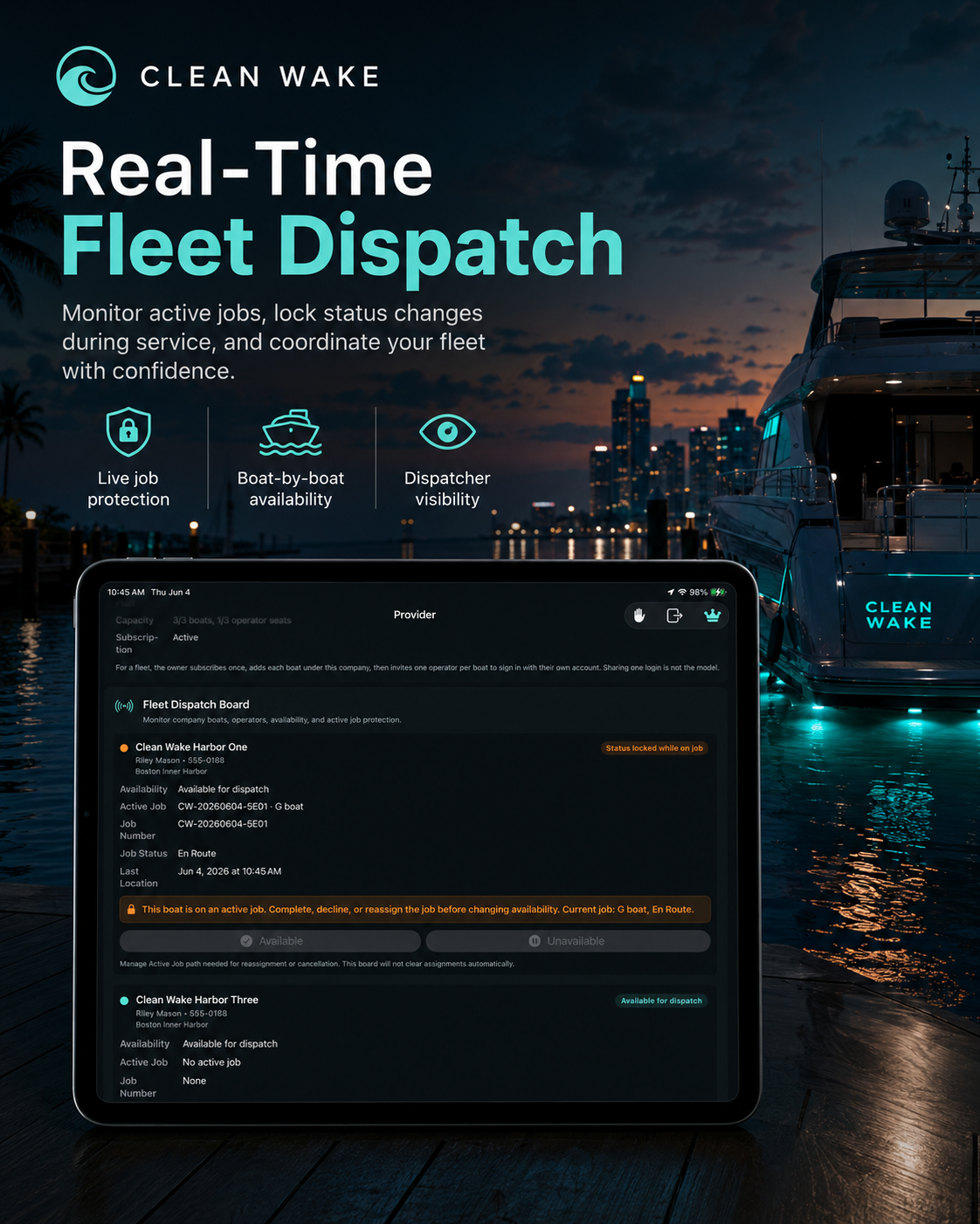 Clean Wake fleet dispatch board with boat-by-boat availability and active job protection.