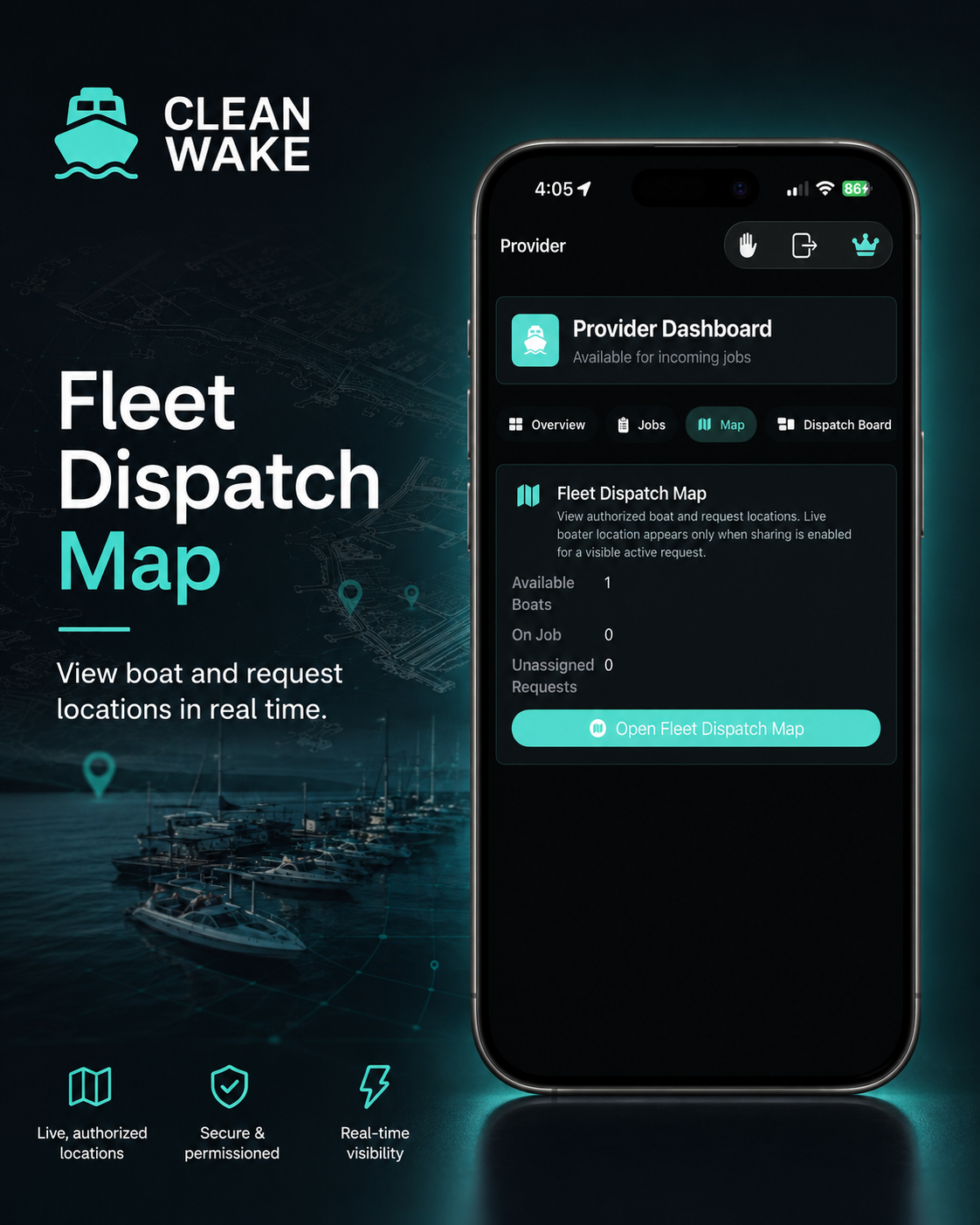 Clean Wake fleet dispatch map entry with available boats and request counts.