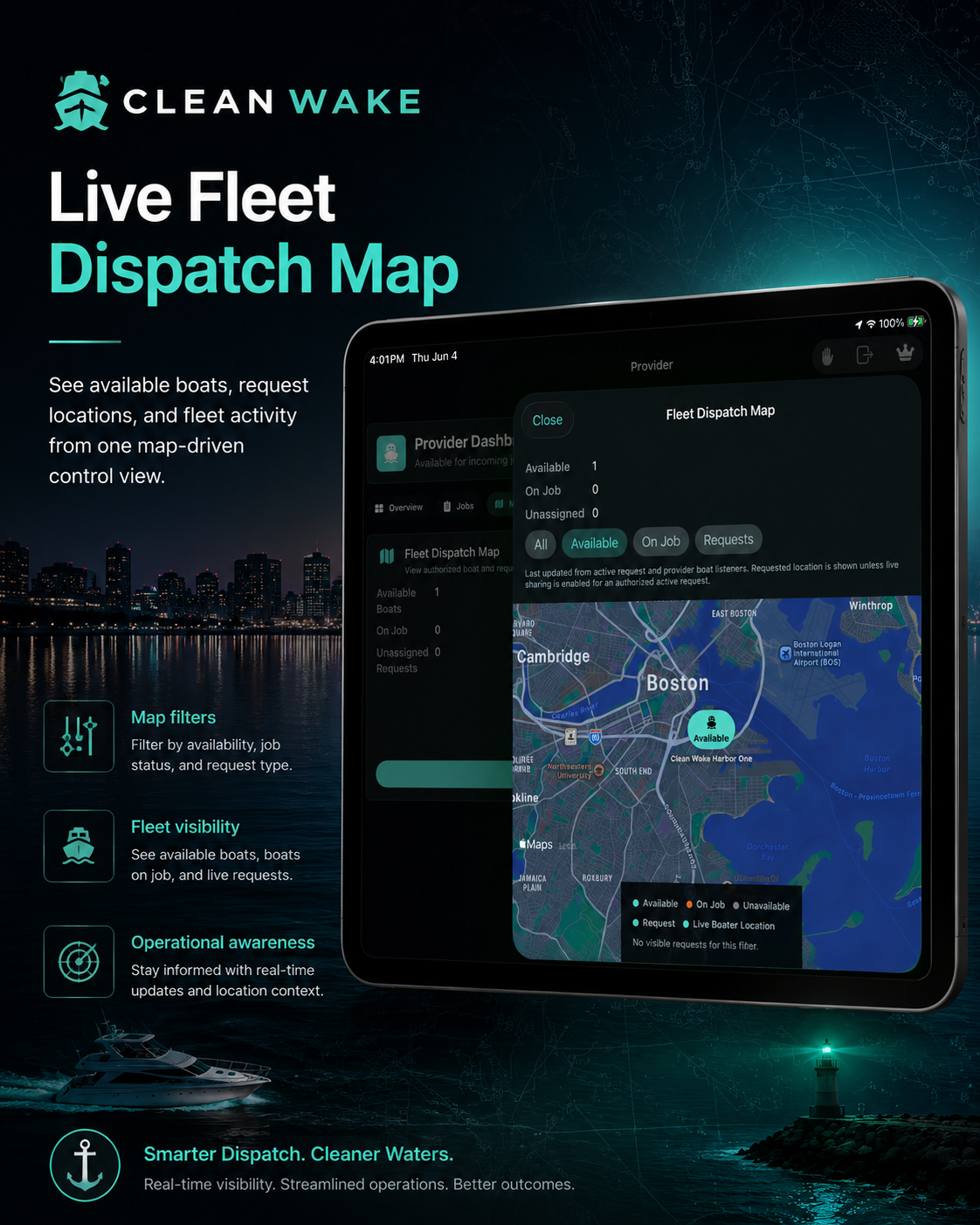 Clean Wake live fleet dispatch map with boat and request filters.