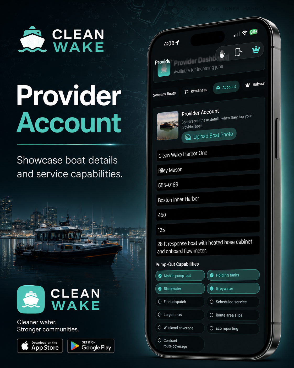 Clean Wake provider account screen with boat details and pump-out capabilities.