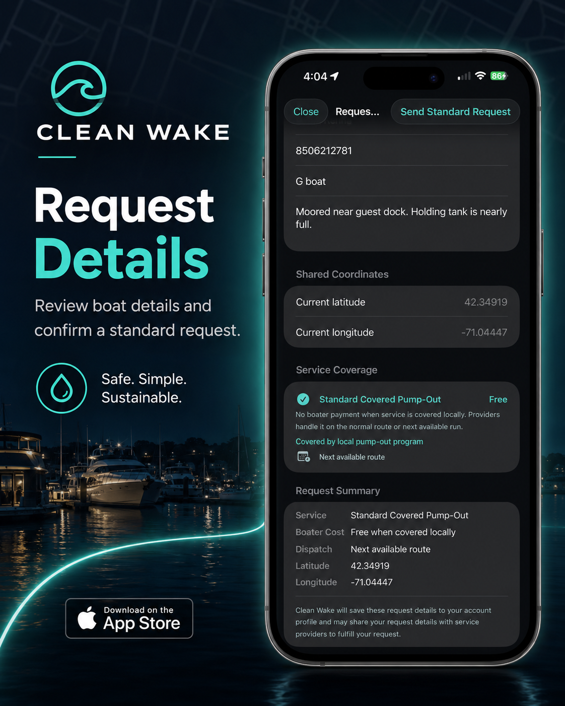 Clean Wake request details screen for standard pump-out service.
