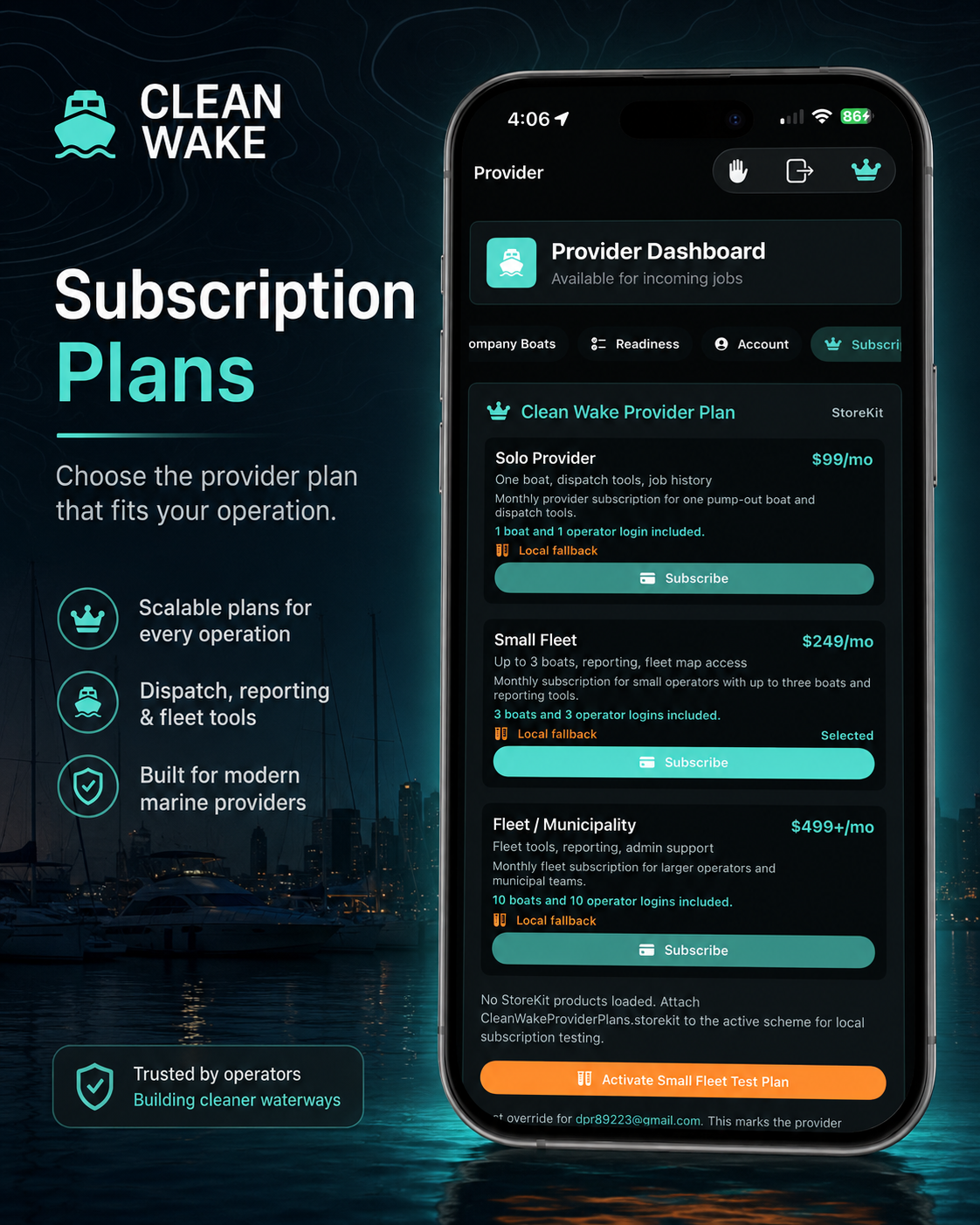 Clean Wake provider subscription plans screen.
